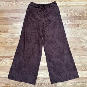 Zara Chocolate Brown Embroidered‎ Floral Wide Leg Pants Size Small